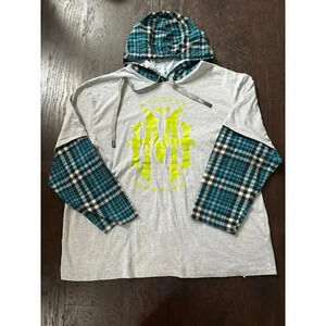 Disney Parks Haunted Mansion Layered Look Flannel Plaid‎ Sleeve Hoodie  xxl b42
